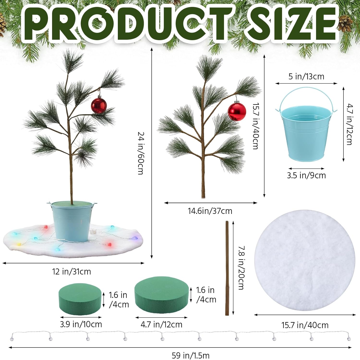 Bokon 24-inch Brown Christmas Tree Tabletop Christmas Tree Decor with Blue Iron Bucket Classic Red Balls Colorful Lights Snow Cotton Xmas Spirit Minimalist Style Cute for Party Gifts