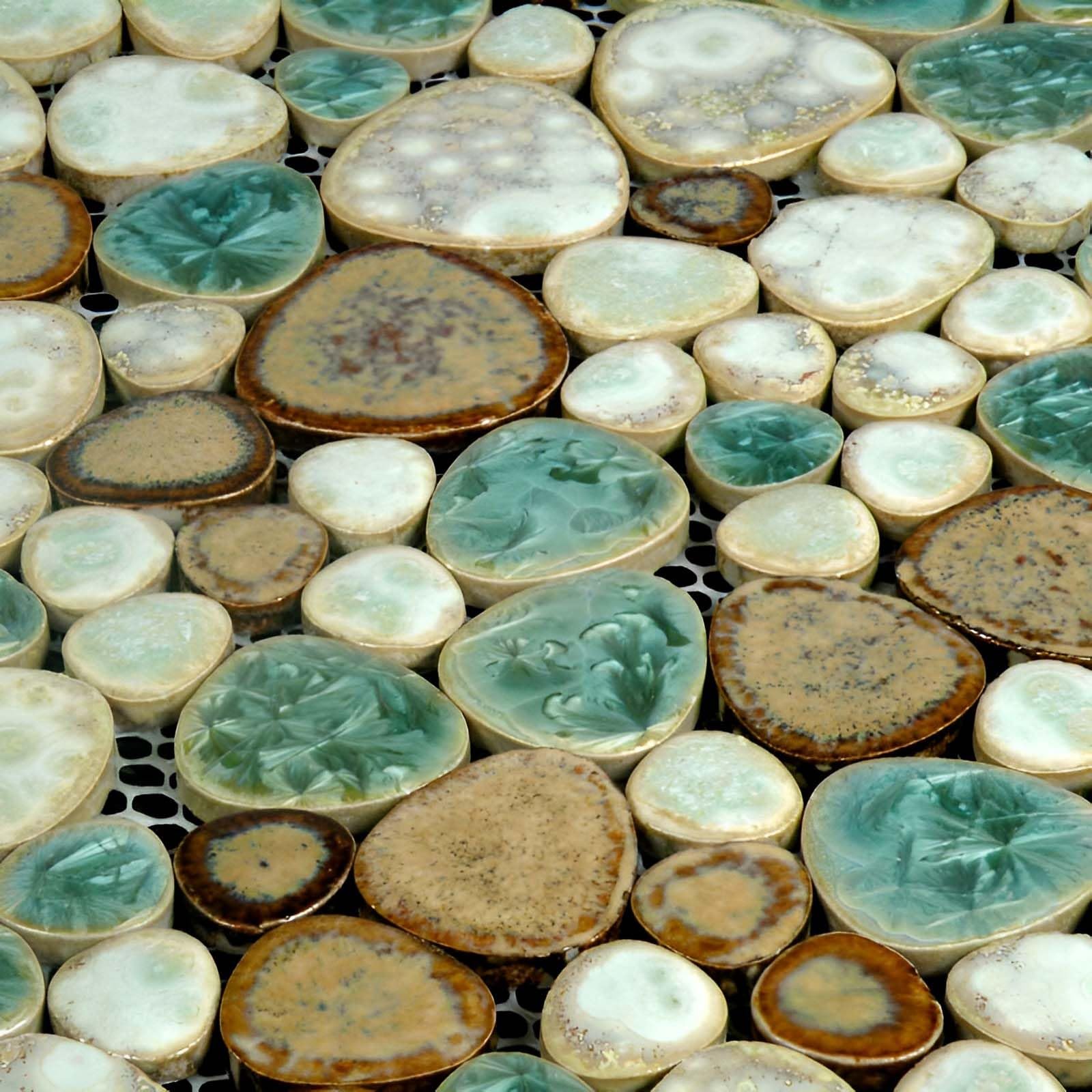 Pebble Porcelain Mosaic Glossy Mixed Aqua, Cream & Coffee Glazed Ceramic Tile for Bathroom, Shower Floor, Accent Wall, Spa Decor (5 Square Feet)