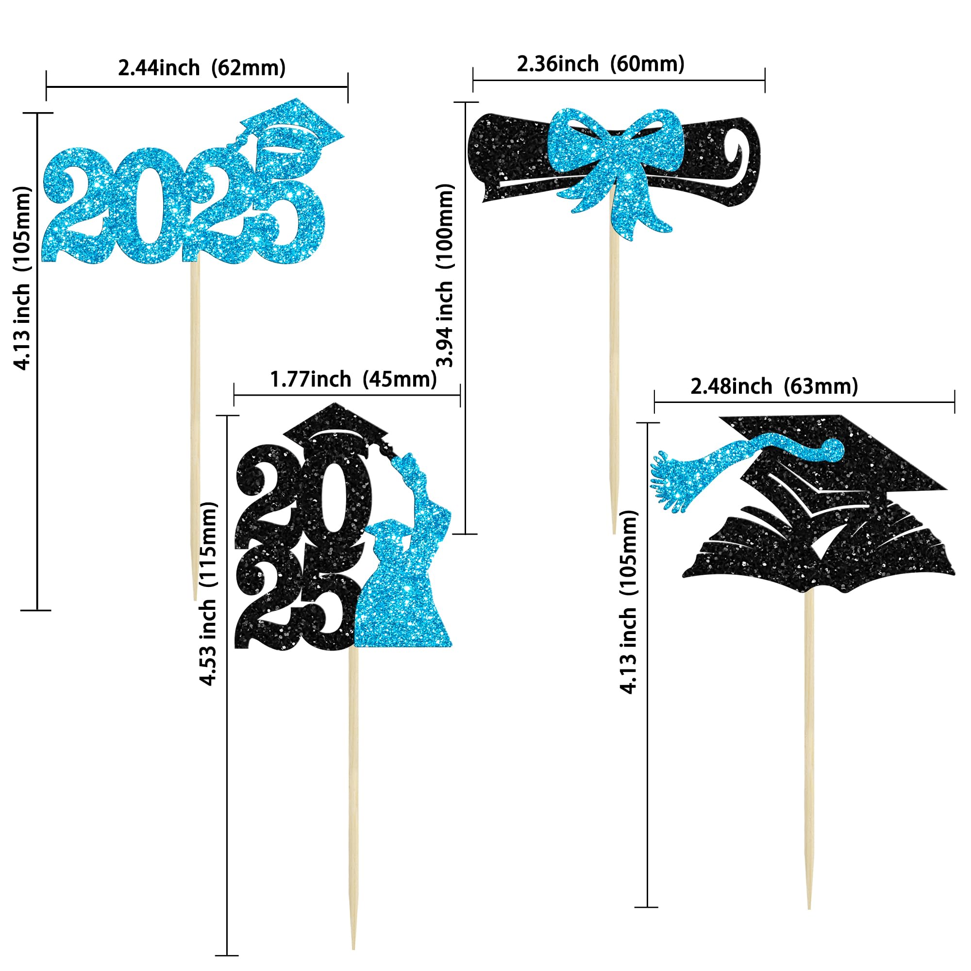 Gyufise 36Pcs 2026 Graduation Cupcake Toppers Glitter Class of 2026 Congrats Grad Diploma Graduation Cap Cupcake Picks for 2026 Graduation Theme Party Cake Decorations Supplies Lake Blue - Image 2