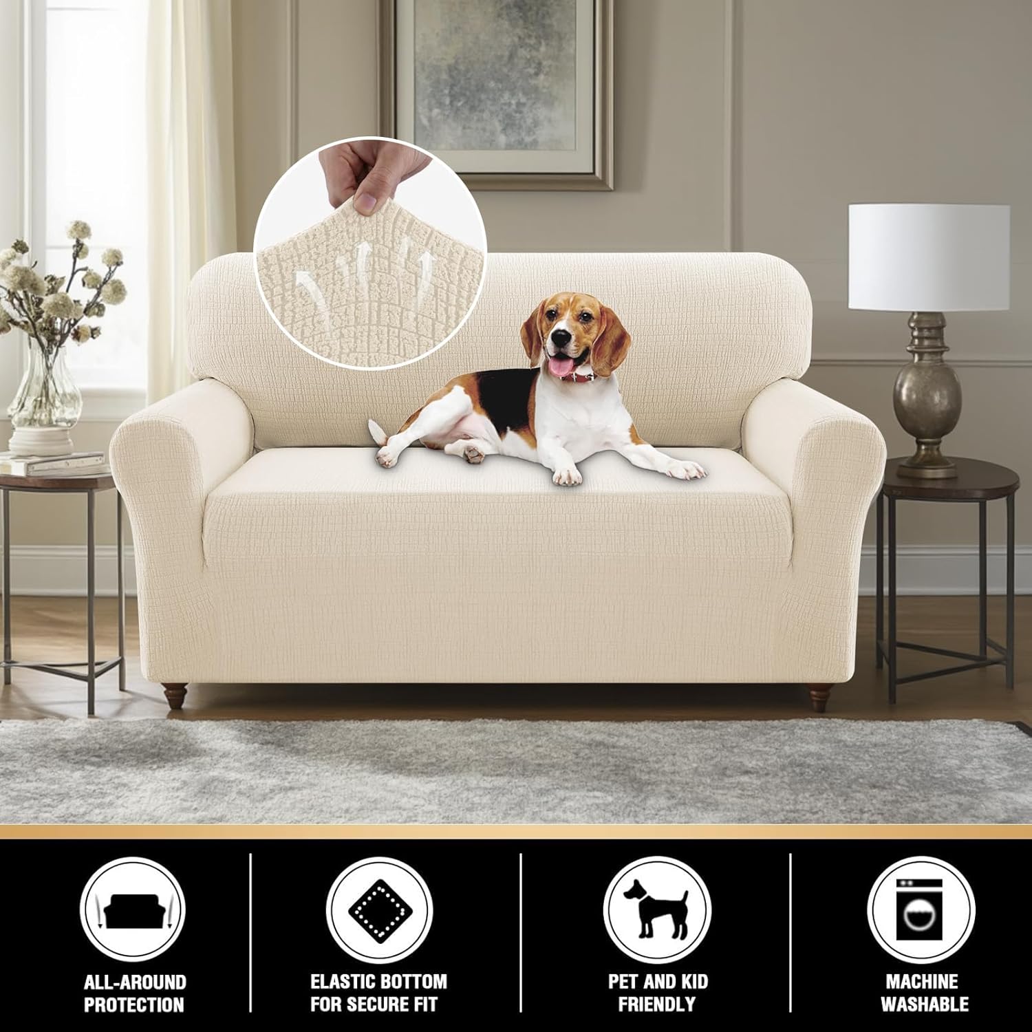 PrinceDeco Waterproof Couch Cover Slipcovers for Sofas,Stretch Loveseat Cover for 2 Seat Couch,Love Seat Sofa Covers Washable Furniture Protector for Kids, Pets (Loveseat Seat Width 38"-46" Ivory)