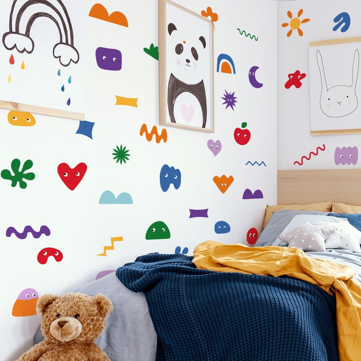 56.29x55.11 InchColorful Abstract Shapes Wall Decals for Kids Room Fun Geometric Wall Stickers with Stars Hearts Flowers for Kids Room Playroom Nursery Bedroom