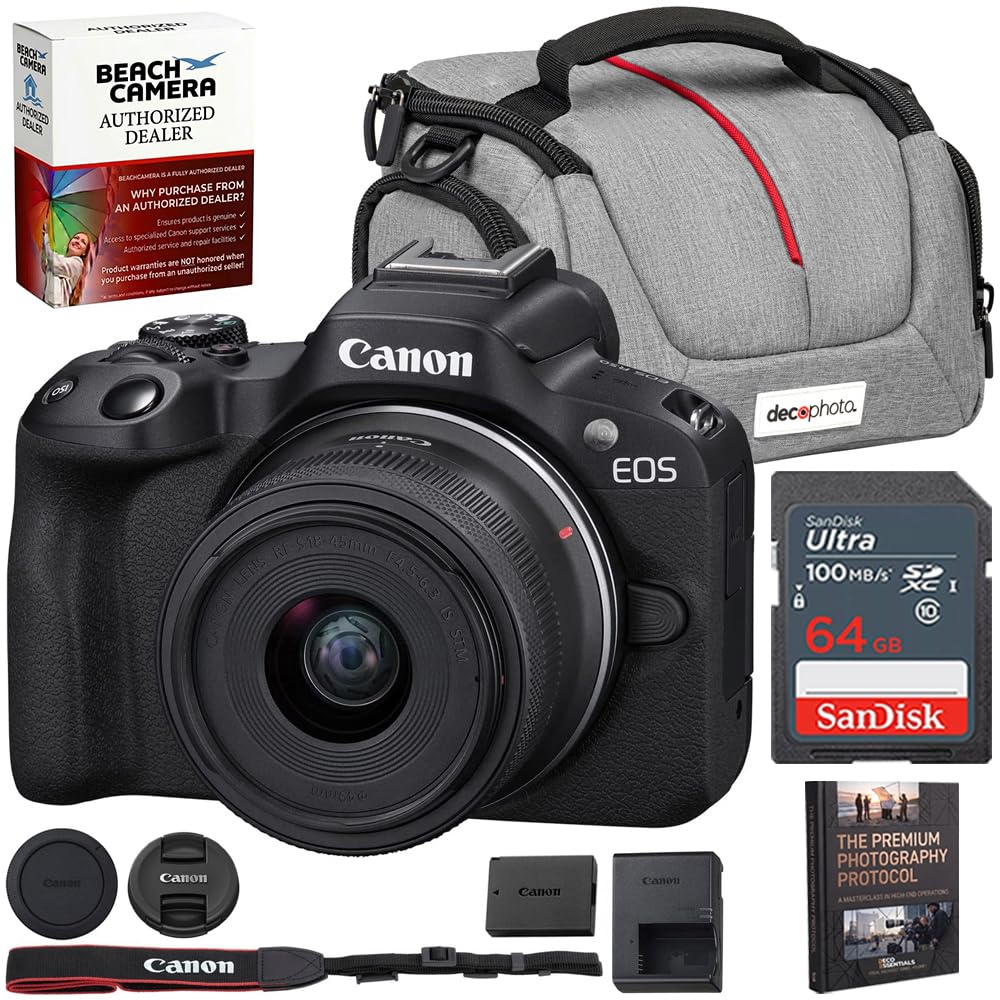 Canon EOS R50 Mirrorless Camera with RF-S 18-45mm F4.5-6.3 is STM Lens (5811C012) Bundle with Sandisk 64GB Memory Card + Deco Essentials Camera Bag + Photography Pro Ebook
