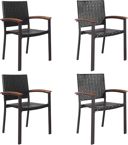 HAPPYGRILL Juego de 4 sillas de comedor para patio, juego de 4 sillas de mimbre de ratán para exteriores, sillón apilable con estructura de acero