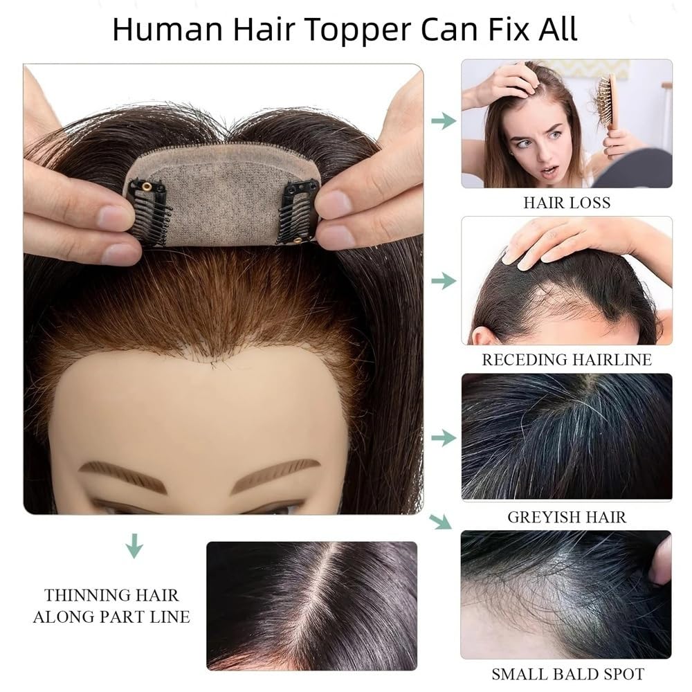 Haartopper für Frauen Echthaar-Topper for Frauen mit dünner werdendem Haar, atmungsaktive Clip-in-Haarteile auf Seidenbasis, 20 cm, glattes Remy-Haar, ohne Pony Echthaar Toupets für Frauen(Schwarz,9x1