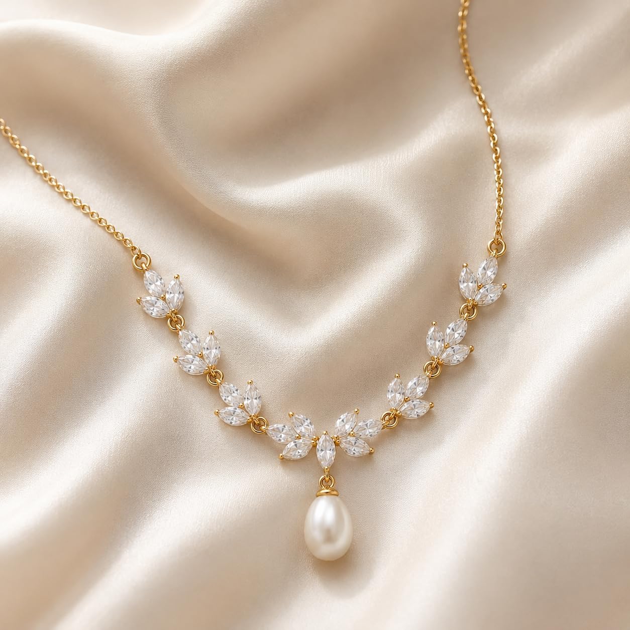 14K Gold Plated Genuine Freshwater Pearl Necklace for Women, 6-7mm/8-9mm Pearl Pendant Choker, Dainty Floral Vine 5A Cubic Zirconia Necklace, Elegant Bridal Bridesmaid Jewelry Gift Set with Box