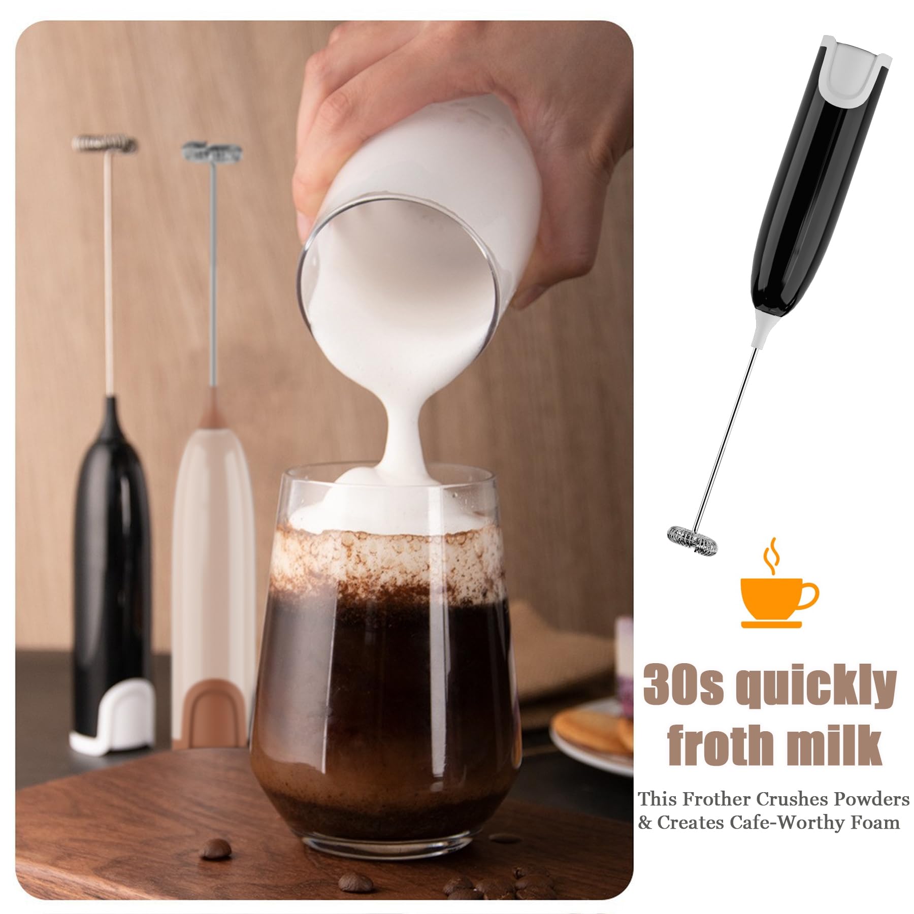 Montalatte portatile, mini macchina per schiuma elettrica a batteria miscelatore per bevande in acciaio inossidabile con cucchiaio per caffè, cappuccino, latte, matcha