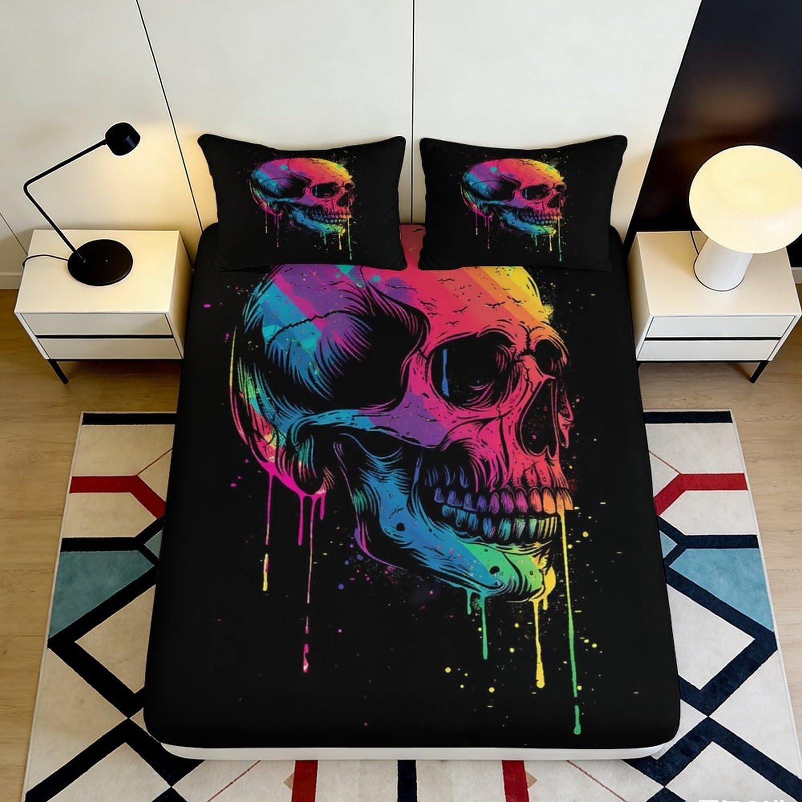 3D Printed Neon Skull Fitted Sheet Microfiber Soft Breathable Graffiti Skull Mattress Cover for Bedroom Decor Protection 90x200x25cm