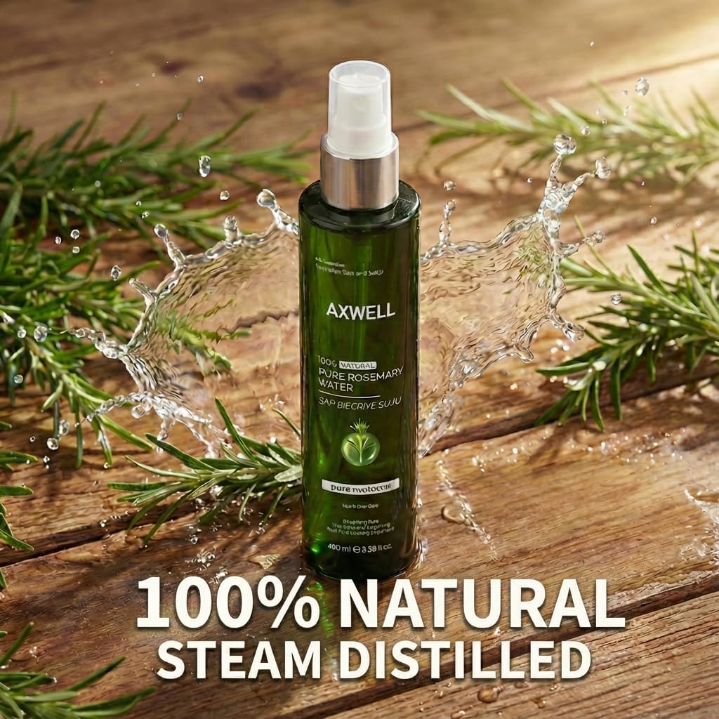 Axwell Pure Rosemary Water Spray for Hair & Skin – Scalp Mist for Fuller-Looking Hair – Pore-Tightening Facial Toner & Hydrating Mist – Steam Distilled, Alcohol-Free (3.38 fl oz)