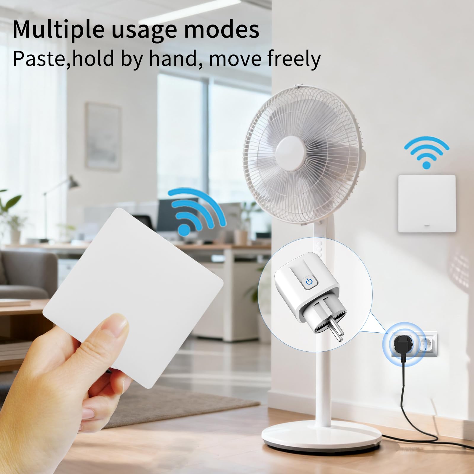 KADMOS Kit Prise Télécommandée et Interrupteur Sans Fil (Sans Pile), Interrupteur Cinétique Auto-alimenté 433MHz, 3500W, Commande à Distance pour Lampes et Appareils (Blanc, 2 Interrupteur + 1 Prise)