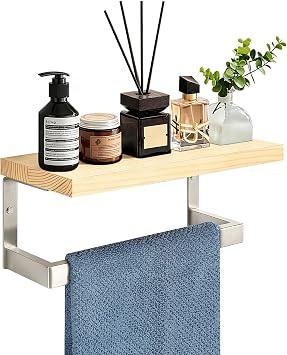 Hand Towel Holder/Towel Ring with Wooden Shelf, Hand Towel Rack, Hand Towel Hanger for Bathroom, Bath Accessories Wall Mounted 9"-Squ Shaped, Brushed Nickel