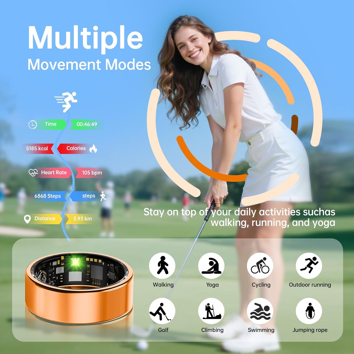 Smart Ring for Women & Men, Health Tracker Ring with Heart Rate, SpO2, Blood Pressure,Temperature, HRV & Stress, IP68 Waterproof Fitness Ring, Sleep Tracker for iPhone&Android, No App Fee(Orange, 10#)