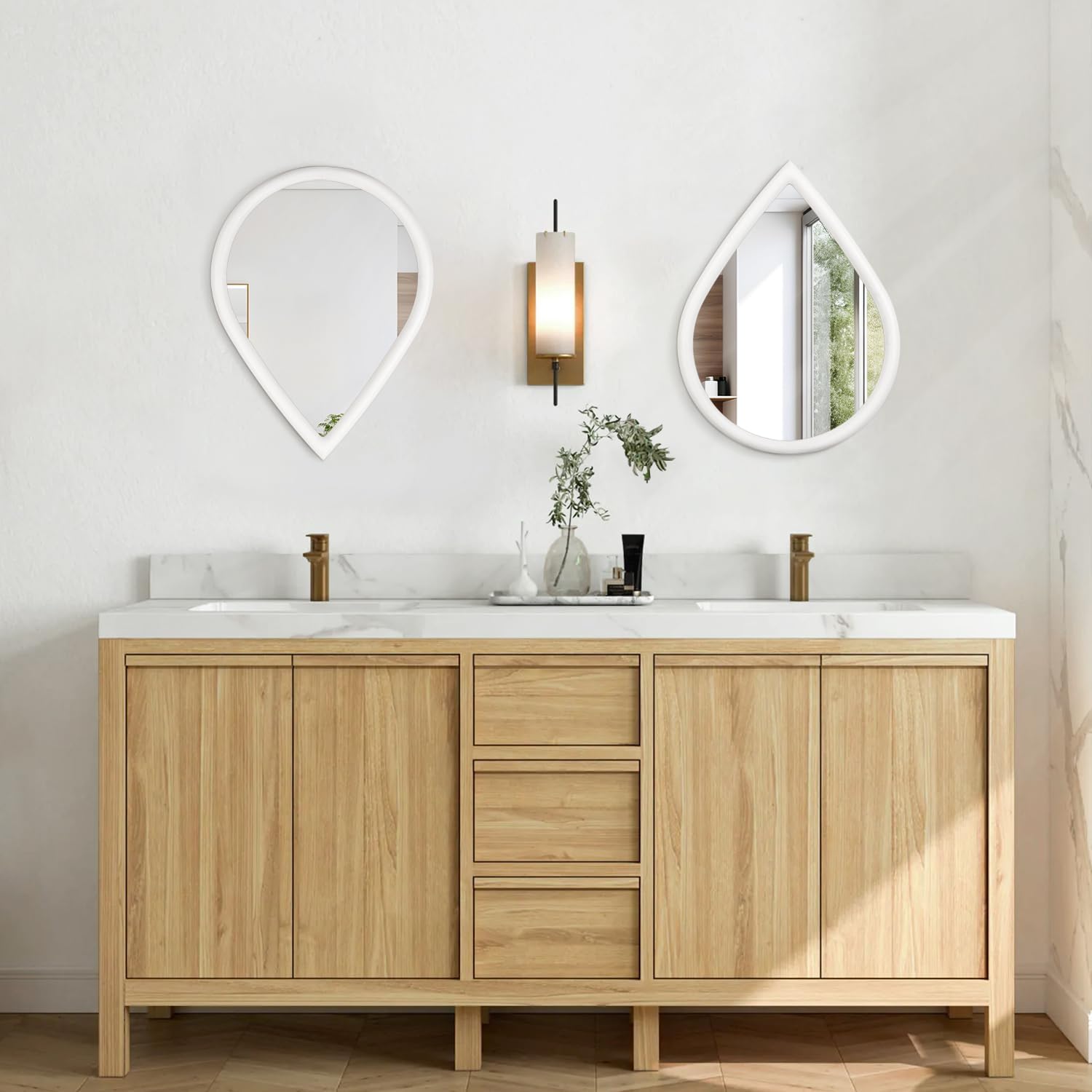 Small Wall Mirror Wood Framed Decorative Mirror White Teardrop Hanging Mirrors Unique Vanity Mirror for Bedroom Bathroom Living Room
