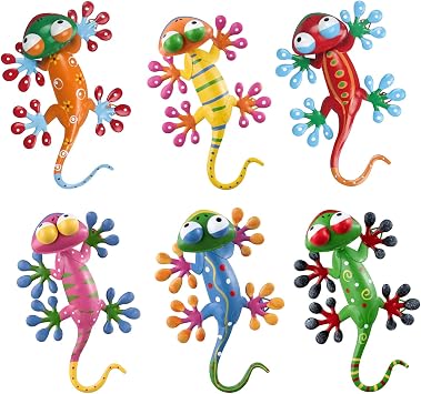 hogardeck Metal Gecko Outdoor Wall Decor, 6 Pack Lizard Wall Art Garden Sculptures & Statues with Free-Adjustable Head Outdoor Spring Decor for Front Yard Fence Patio