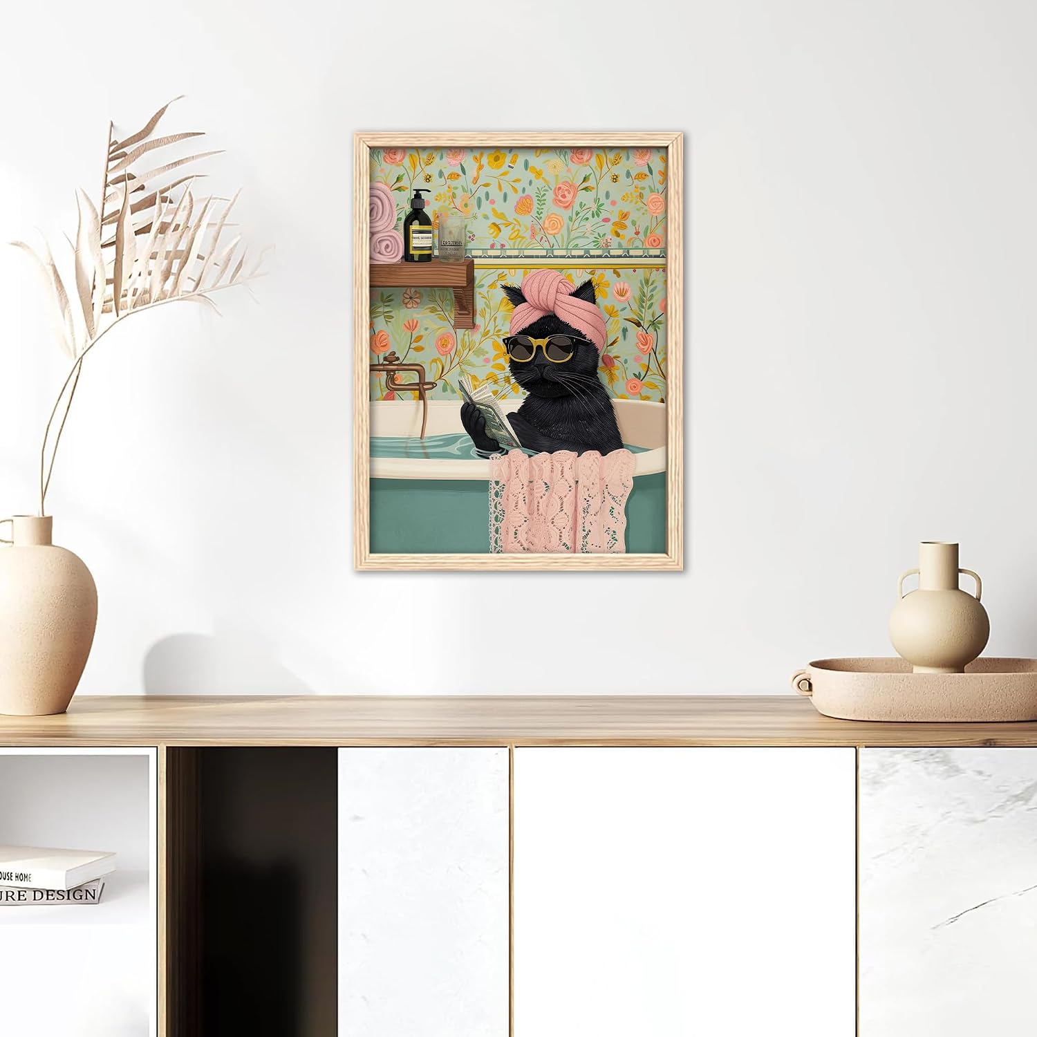 ICHZUMW Funny Black Cat Bathroom Wall Art Decor, Cute Framed Canvas Print Painting, Quirky Animal Pictures Wall Decoration, Humorous Girly Pink Artwork for Bedroom Restroom Powder Room Office, 12x16in