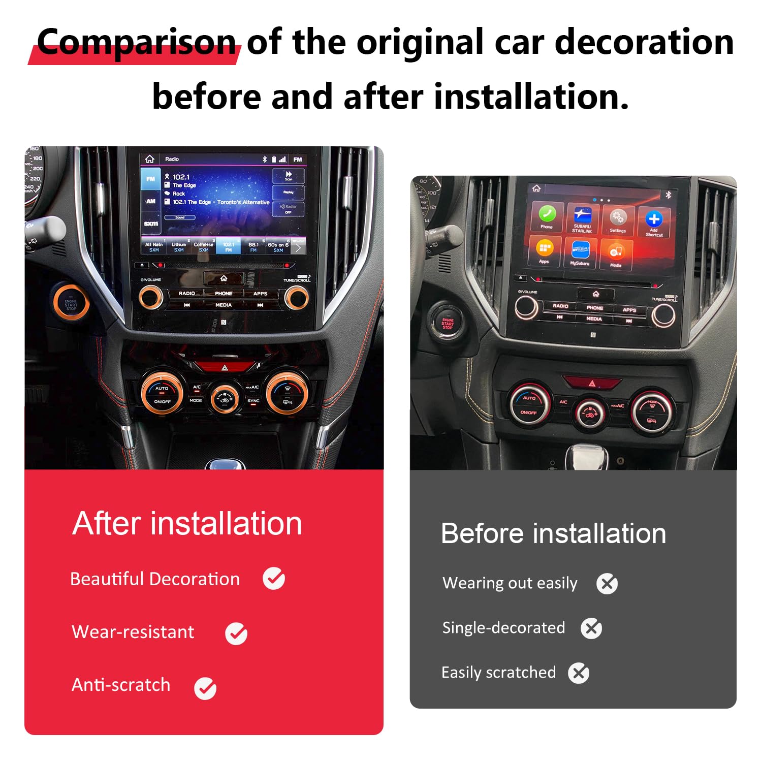 Auovo Radio Knob Cover for Subaru Crosstrek Accessories 2018-2023 / Impreza 2017-2023/ Forester 2019-2024 AC Knob Ring Air Conditioning Volume Tune Switch Knob Trim 7pcs (Sun Orange, B)