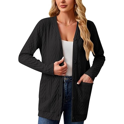 Women's Open Front Cardigan Sweaters Lightweight Casual Long Sleeve Knit Cardigan Button Down Outwear with Pockets