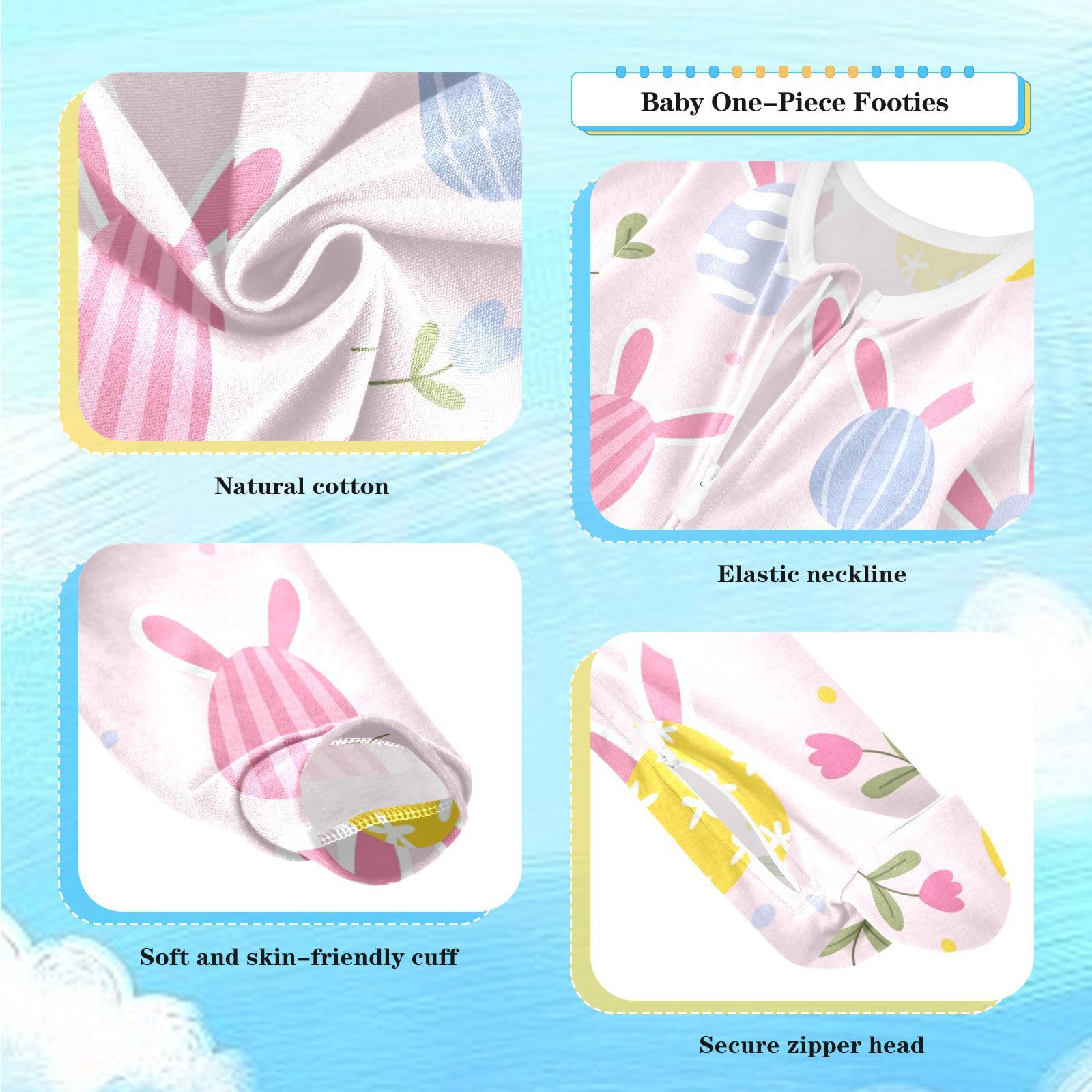 Dussdil Easter Egg Bunny Ears Baby One-Piece Footies Flowers Dots Newborn Rompers Pajamas Cotton Footed Pjs for Sleep Play Boys Girls 12 Month