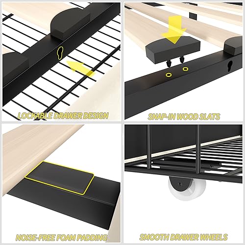 Miniatura 117 de VECELO Base de cama de tamaño matrimonial con cabecera tapizada ajustable, plataforma de listones de madera, diseño sin ruido, fácil montaje Negro