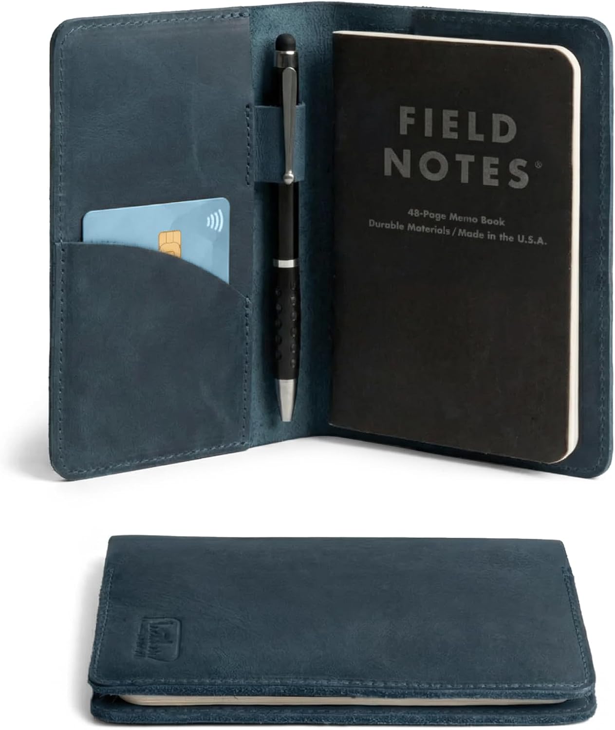 Leather Field Notes Cover, Leather Notebook Cover 3.5 x 5.5 in. with Card and Pen Holder, Handmade Protective Storage for Pocket Moleskine Journal Cover, Book & Notebooks, Notepad Wallet for Travelers (Slate Blue)