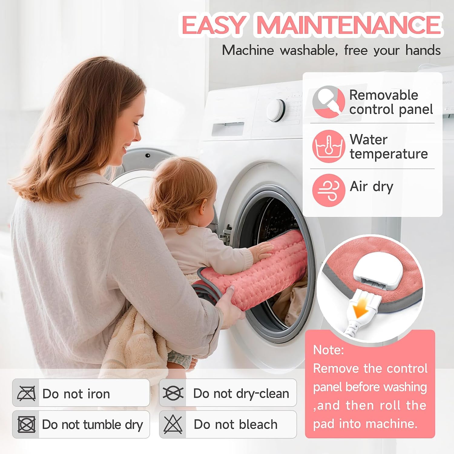 Heating Pad for Period Cramps, Heating Pad for Back/Neck/Shoulder Muscle Pain, 6 Heating & 4 Timer Setting, Auto Shut Off, Moist Heat & Machine Washable, Pink Birthday Christmas Gifts for Women Mom - Image 6