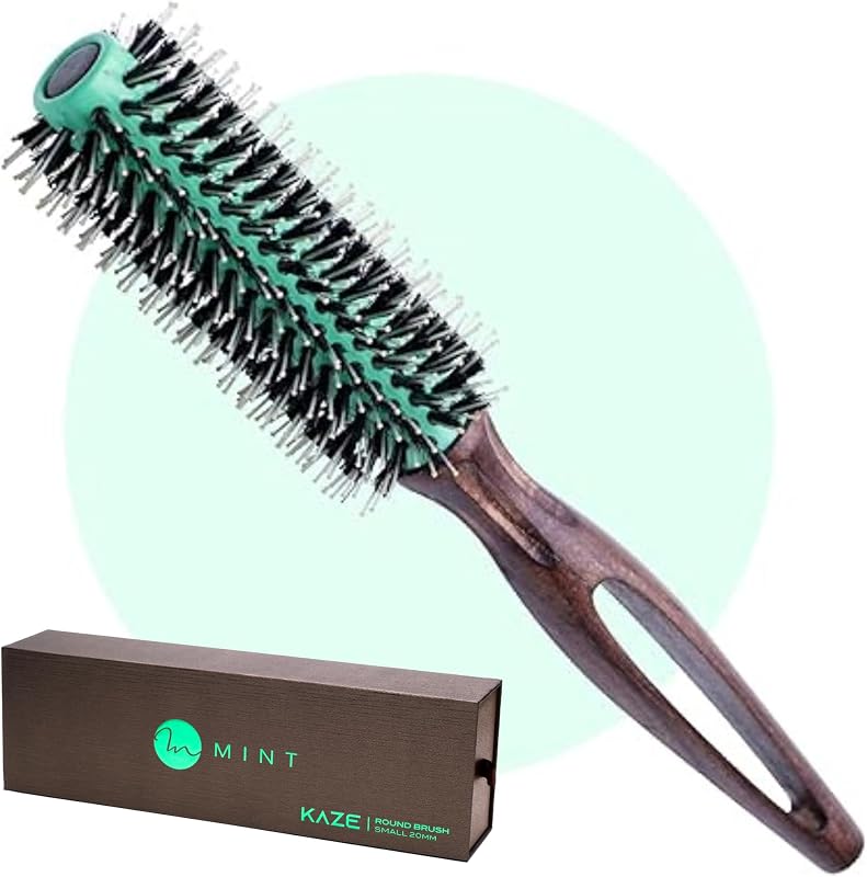 MINT Kaze 20 mm Boar Bristle Ceramic Round Brush for Blow Drying | 20 mm ceramic barrel and boar bristles create lift, curl and shape, with a hand-crafted wooden handle for controlled styling.