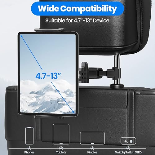Car Tablet Holder - Extendable Car Tablet Holder Headrest, Universal 360° Rotation Tablet Headrest Holder for iPad, Switch, Sumsung Tab, Smartphone and 4.7-13 Inch Devices - 3