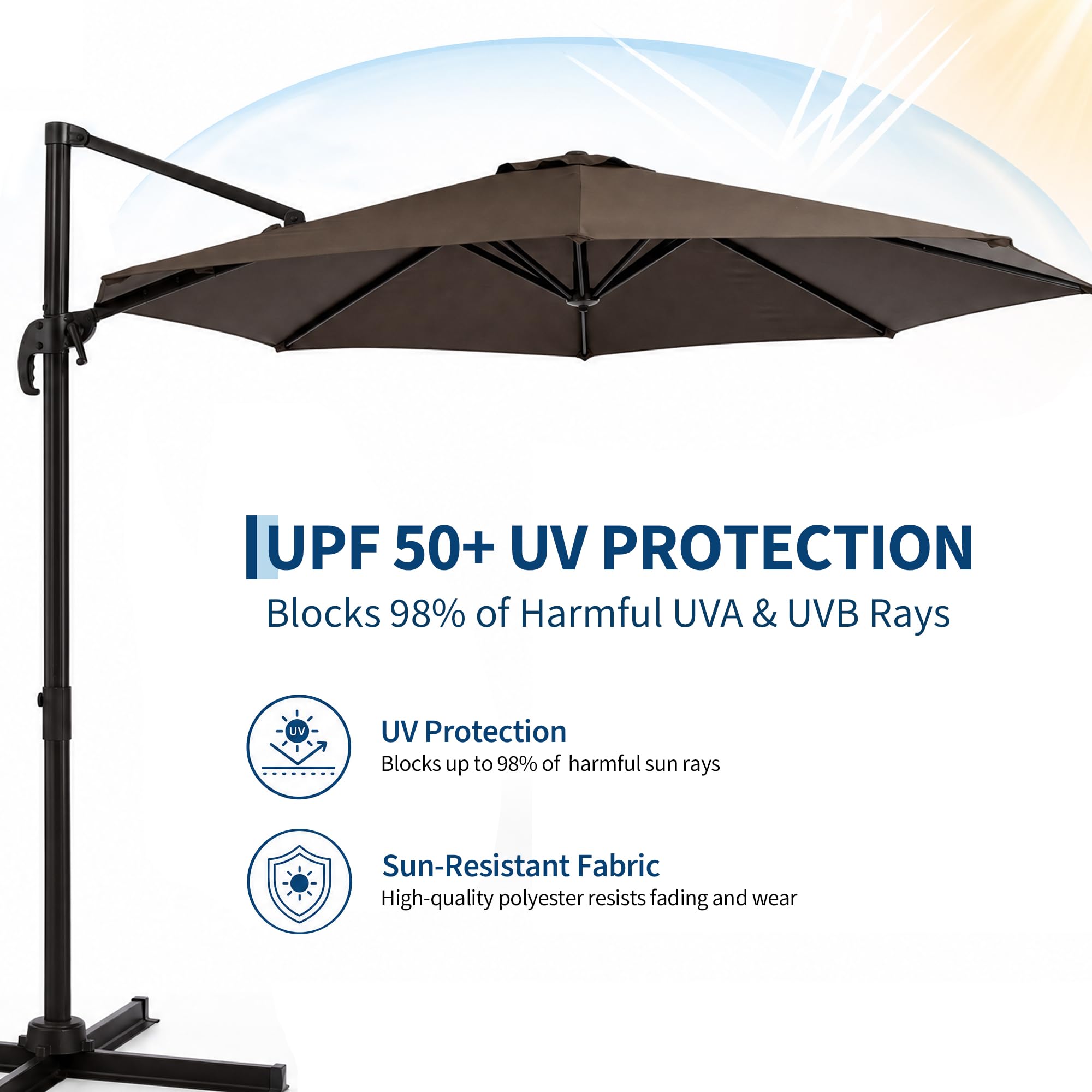 GarveeHome Sombrilla De Exterior Roma 300cm Sombrilla Patio Poste Lateral Aluminio Hierro Parasol Giratorio 360° Base En Cruz Toldo Poliéster 210PA Impermeable Gris-Marrón Para Jardín Terraza