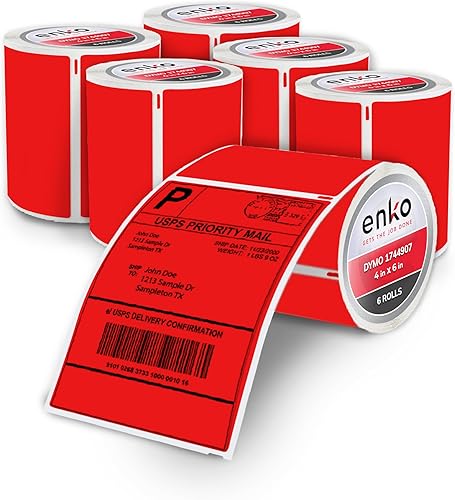 EnKo - Etiquetas compatibles con cebra roja de 4 x 6 pulgadas, etiquetas Dymo 1744907 (4 x 6) para impresora térmica directa de envío Dymo 4XL