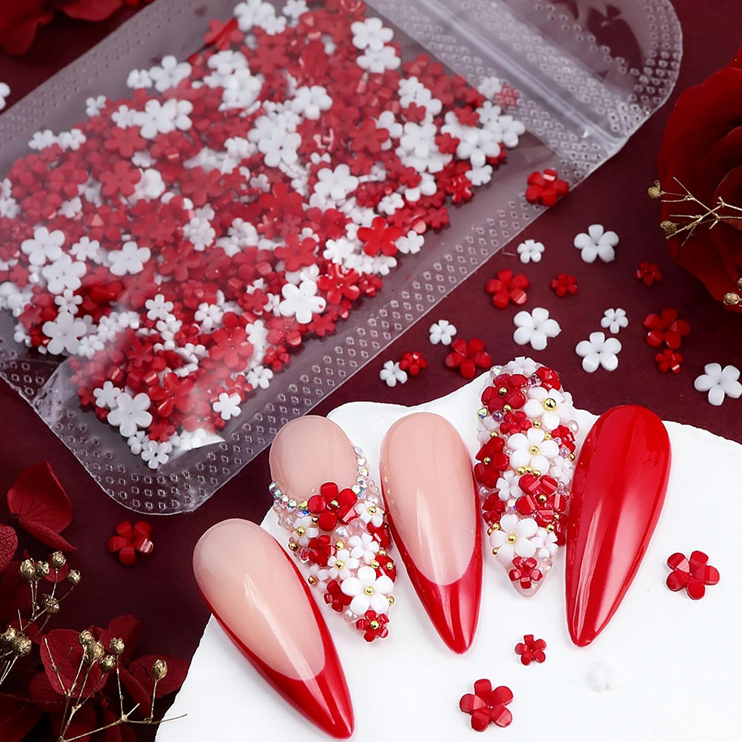 400Pcs Red Mixed 3D Flower Nail Charms for Nail Art, Cute Colorful Acrylic Flowers Nail Charms with Gold & Silver Caviar Beads for Women Manicure DIY Decorations