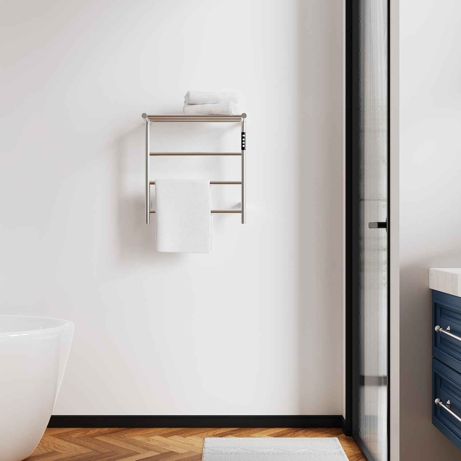 Towel Warmers for Bathroom, Stainless Steel Heated Towel Racks with Top Shelf, Wall Mounted Towel Heater with Intelligent Touch Screen Timer & Temperature Adjustment, Plug-in/Hard-Wired