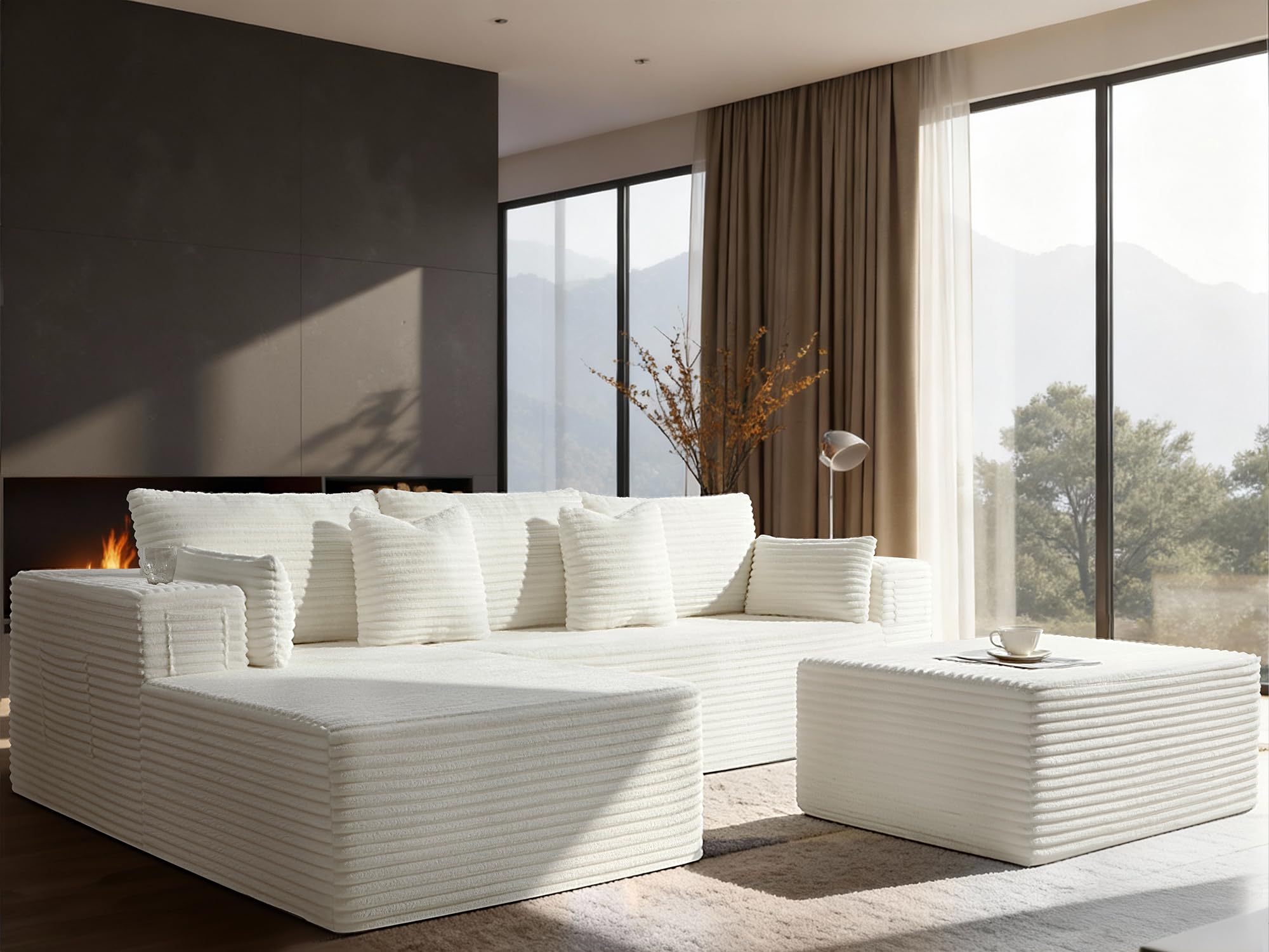 108" Cloud Sectional Couch, Corduroy (Cream, 2 Seater+Left Facing Chaise+Ottoman)