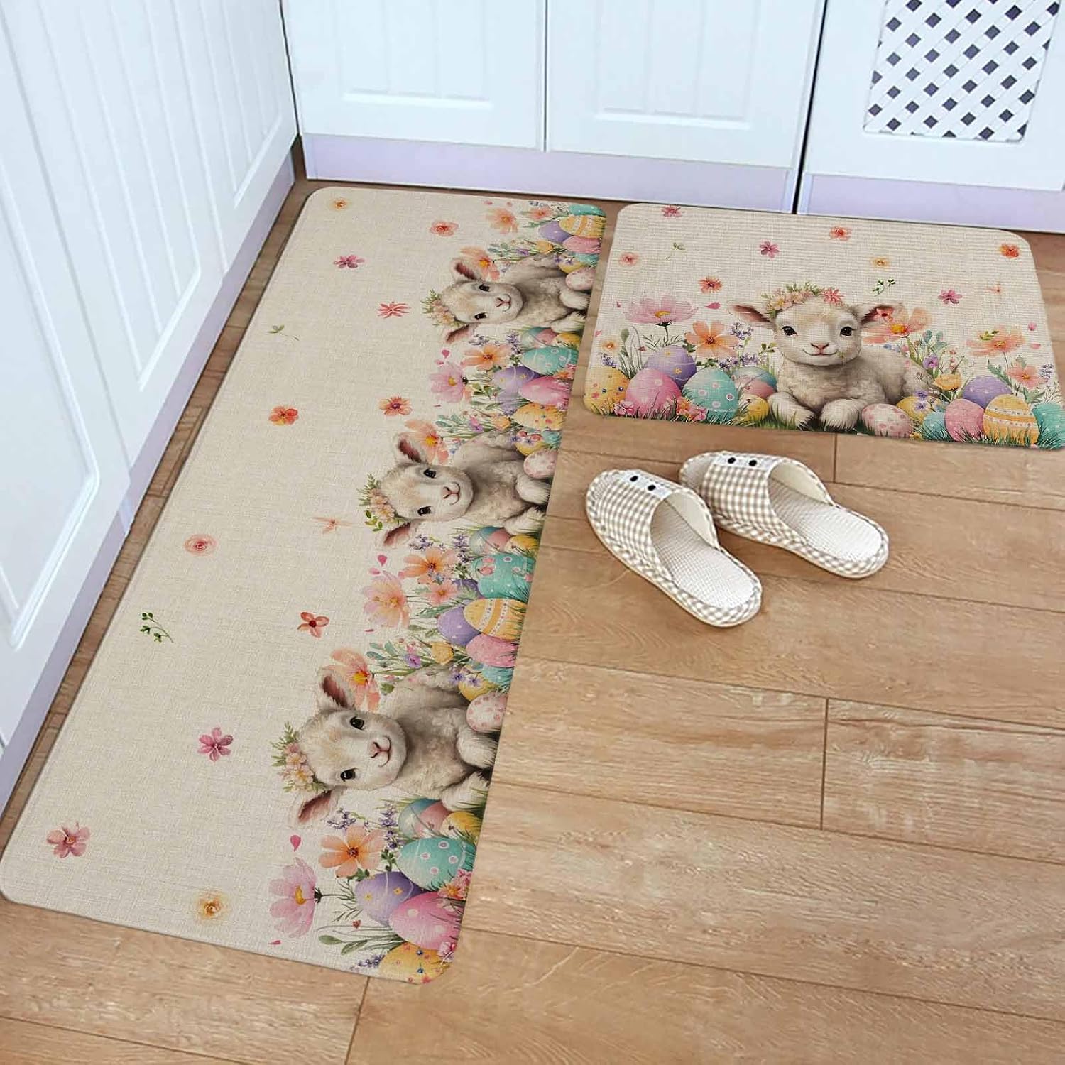 Spring Easter Sheep Kitchen Rugs and Mats Set of 2, Non-Slip Kitchen Sink Mat, Colorful Eggs Floral Botanical Rustic Washable Doormat Bathroom Rugs Runner for Bedroom/Living Room 19.7"x31.5"+19.7"x63"