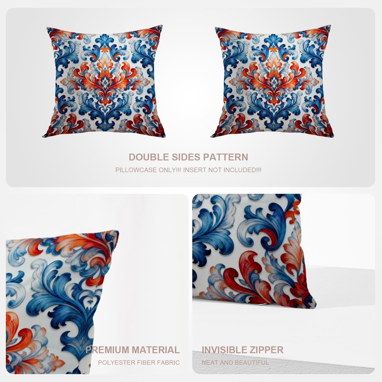 Orange Pillow Covers, Blue Orange Ornamental Seamless Pattern Vintage Paisley Square 20 x 20 Inches Decorative Throw Pillow Covers Cotton Cushion for Sofa Bedroom Car, Blue 01, Set of 2