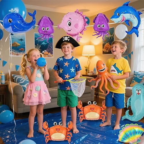 Miniatura 3 de 14 globos de papel de aluminio de animales marinos, globo de caballo de mar de dibujos animados de 14 pulgadas, globos de pulpo, globo de tiburón,