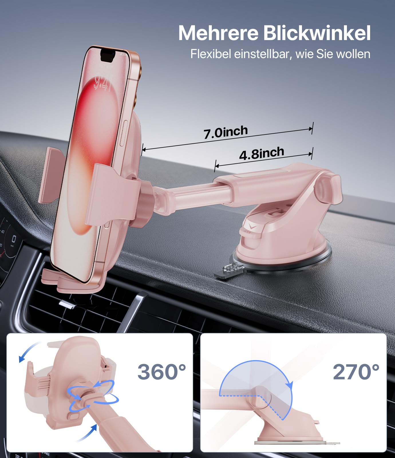 Miracase Handyhalterung Auto Universal [Starker Saugnapf und Metallhaken] kfz Handy Halterung lüftung Armaturenbrett Windschutzscheibe Handyhalter für iPhone Galaxy Alle Smartphone Rosa