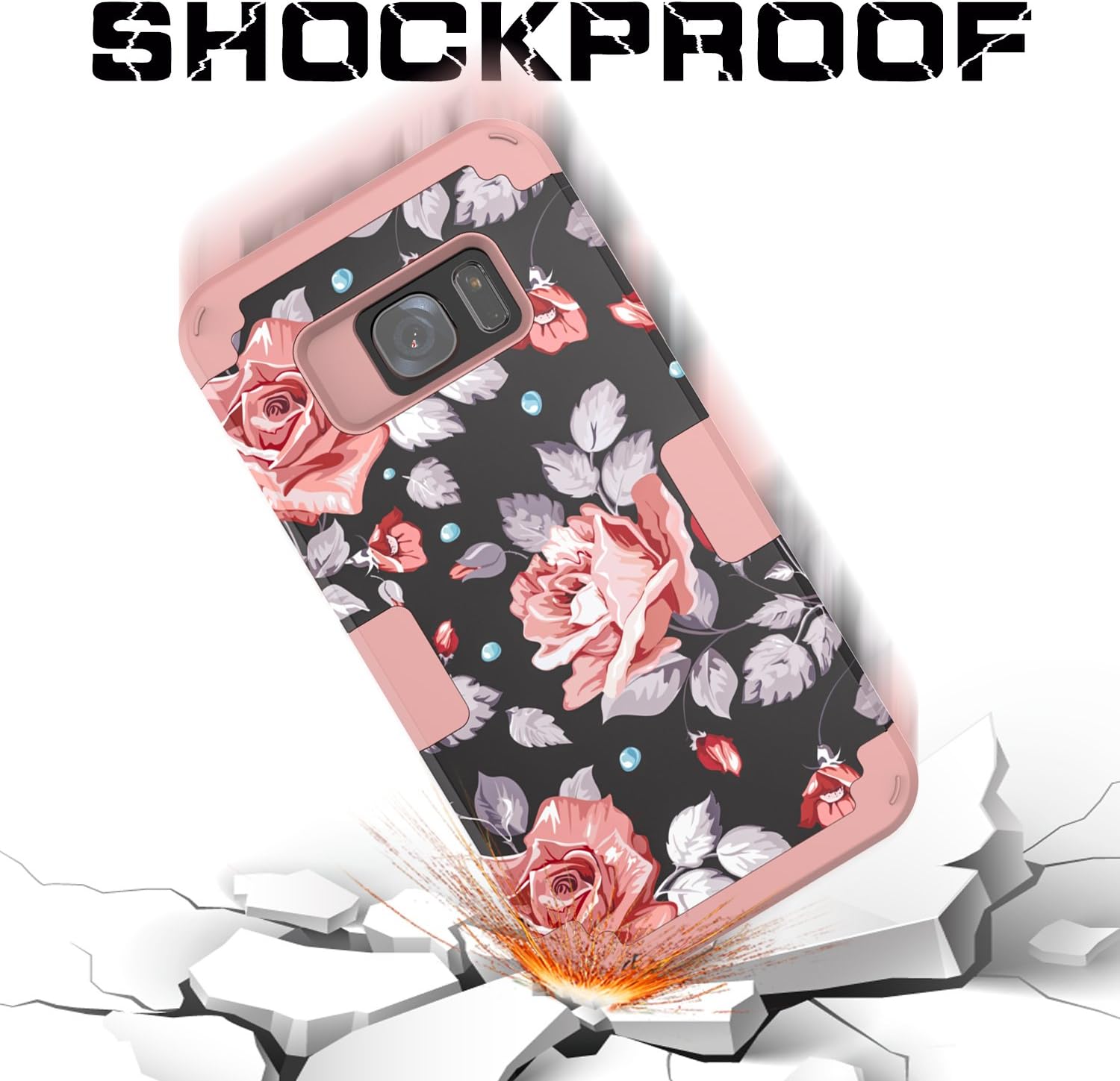 OBBCase Galaxy S7 Case, Samsung Galaxy S7 Case,Three Layer Heavy Duty Hybrid Sturdy Armor High Impact Resistant Protective Cover Case for Samsung Galaxy S7 2016 Release Rose Flower/Rose Gold