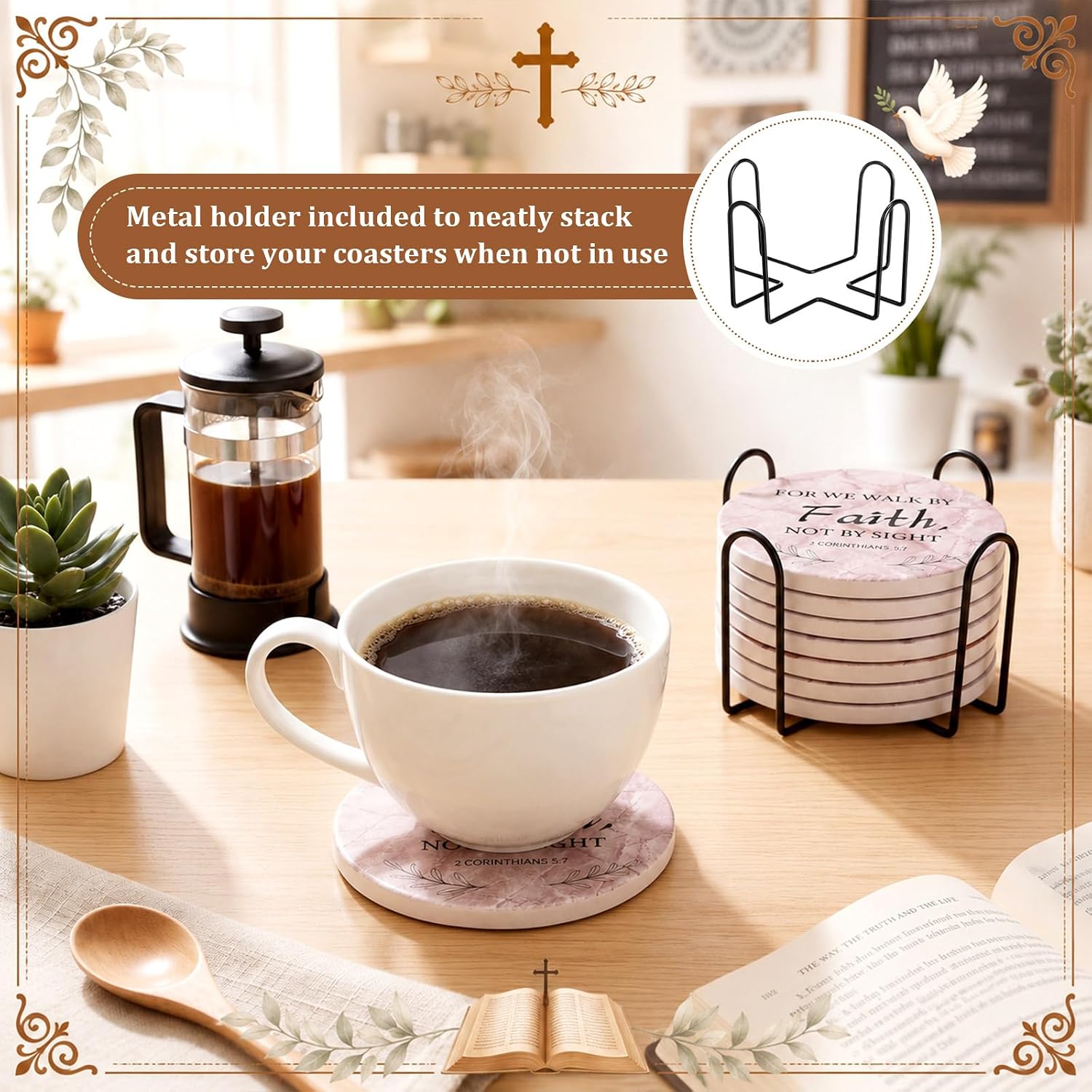 Domensi 8 Pcs Christian Coaster Set Ceramic Coaster with Bible Verse Religious Absorbent Coasters Marble Style Drink Cup Mat for Church Christian Decoration Table Protection