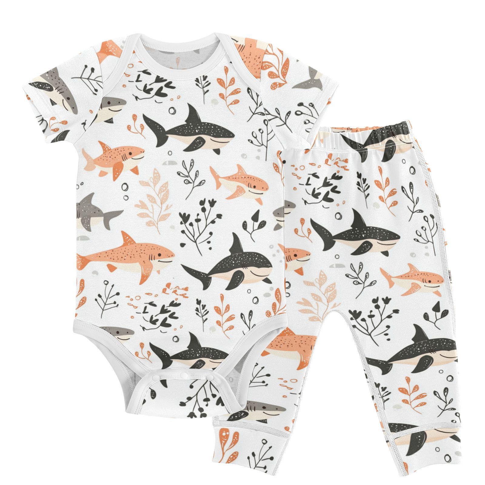 vvfelixl Lovely Cartoon Sharks Baby Bodysuits Set,Baby Layette Sets Unisex Short Sleeve Babys Pants Sets 6-9M