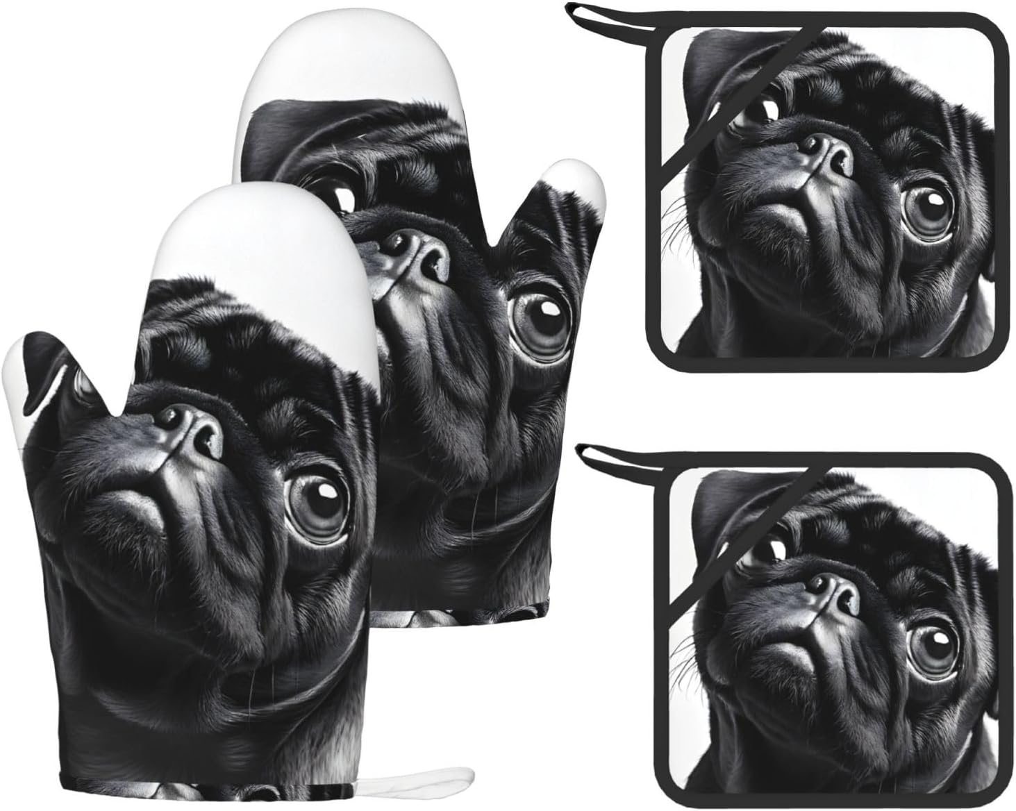 Cute Black Pug Dog 4pcs Oven Mitts and Pot Holders Sets for Kitchen, Silicone Oven Gloves Non-Slip Potholders Hot Pads for Baking Cooking