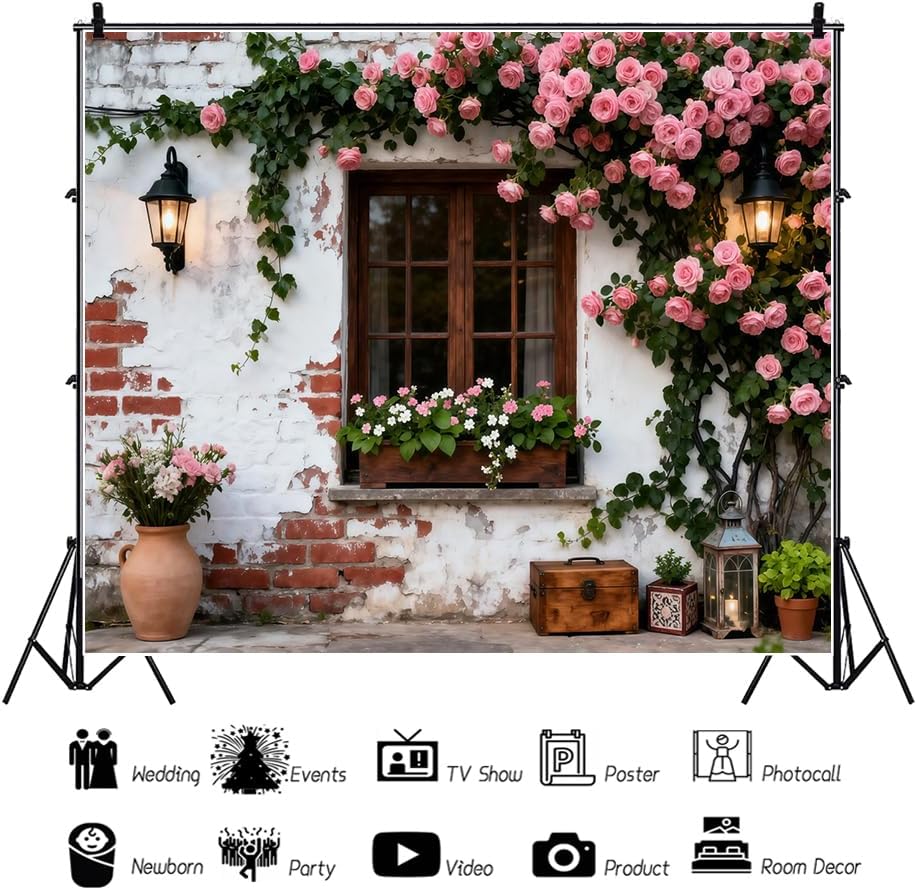 10x10ft Spring Backdrops for Photography White Red Brick Wall Rustic Wooden Window Greenery Flower Spring Easter Backdrop Photo Props for Photoshoot Floral Easter Birthday Party Decorations