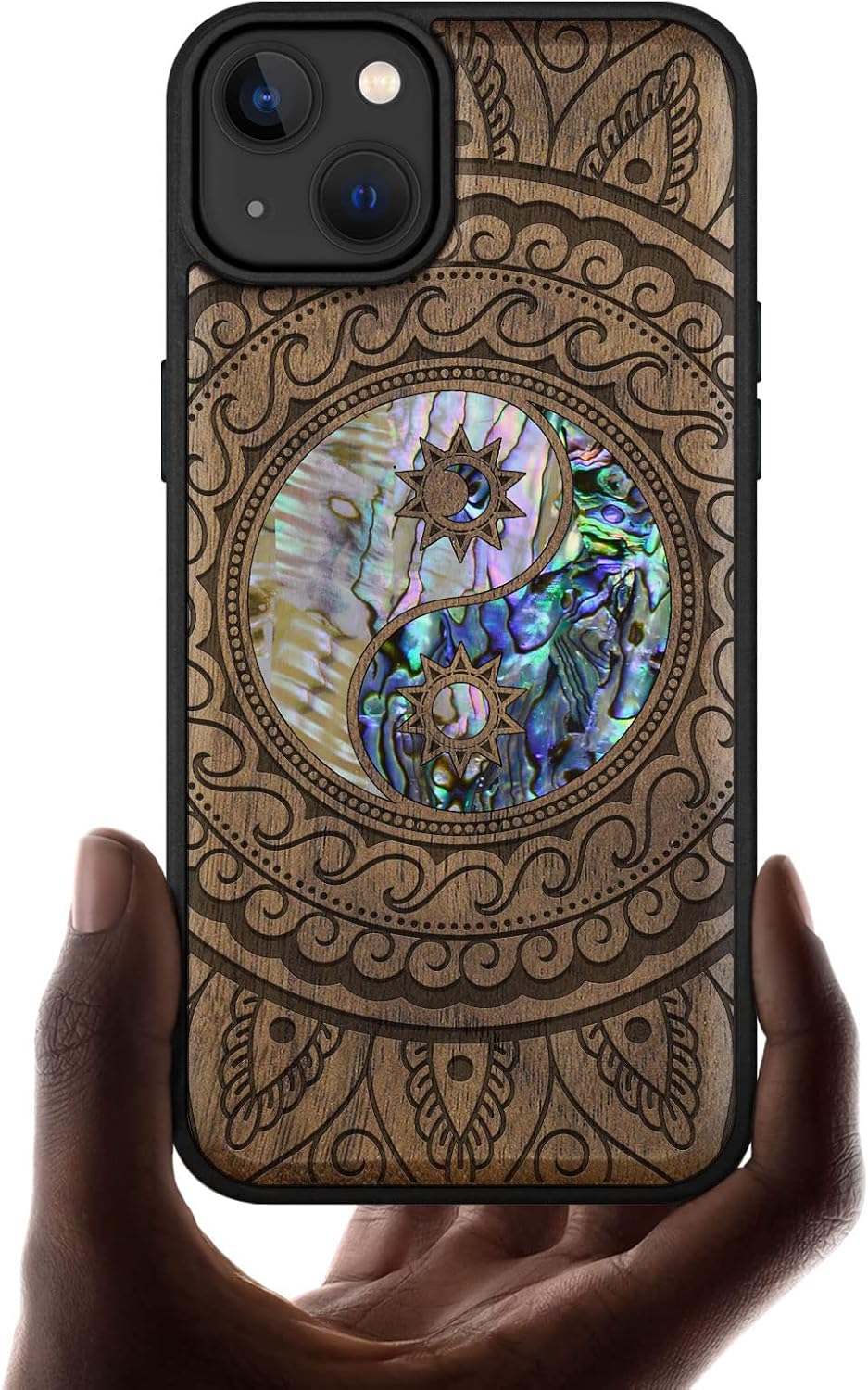 Carveit Designer Wooden Protective Magnetic Case for iPhone 14 Plus Case [Wood Engraving & Shell Inlay] Compatible with 14 Plus MagSafe (Yin Yang Paisley-Walnut)