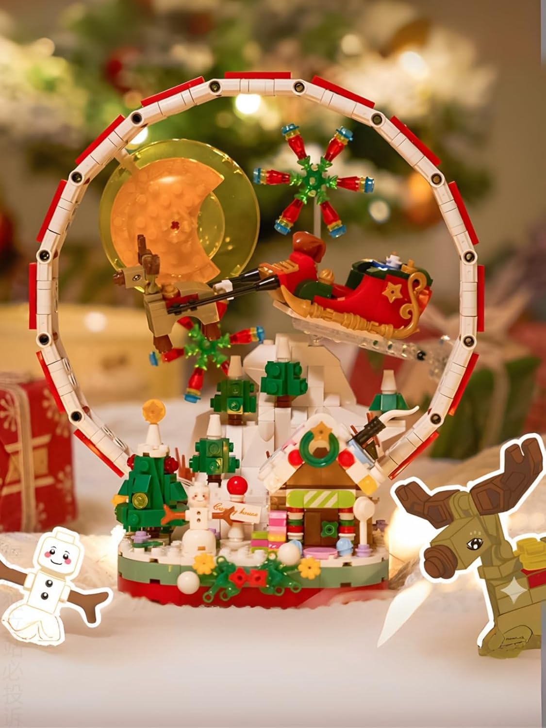 2026 Winter Snow Globe Light Building Set - Shiny Festive Santa Sleigh with Reindeer, Candy House & Snowman Under Moon - Compatible with Major Brands - Ideal for Kids & Adults