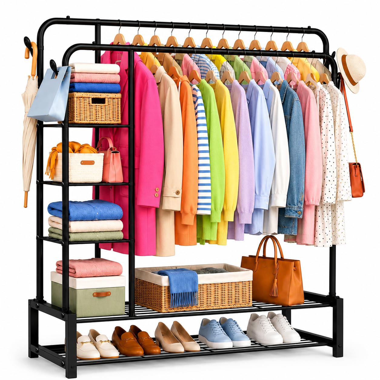 YasTant Heavy Duty Clothes Rail for Bedroom, Double Hanging Rail Metal Clothing Rail with 3 Side Shelves and 4 Coat Hooks, Freestanding Clothes Rack for Bedroom, Living Room 120kg (Black)
