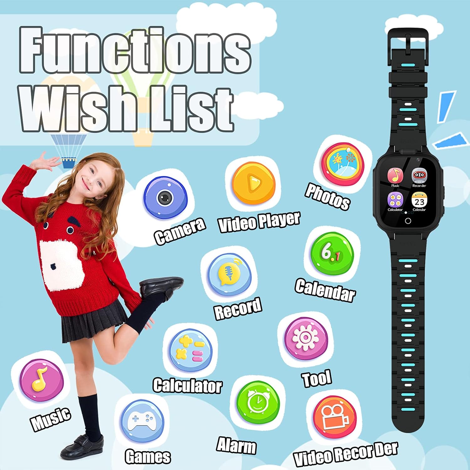 PTHTECHUS Smart Watch S23 showing various function icons like camera, video player, photos, calendar, record, calculator, alarm, video recorder, music, games, and tool.