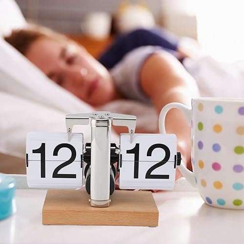 Miniatura 5 de Vintage Retro Desk Flip Clock, White, 24 - Hour - Mechanical Battery Powered, Stainless Steel and Wood Base, Ideal for Home and Office