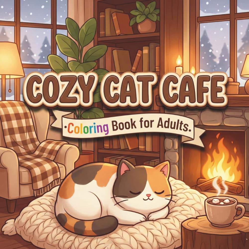 Cozy Cat Cafe: Featuring Warm Hearths, Fluffy Friends, Knitting Kittens, Tea-Serving Racoons and Relaxing Hygge Scenes Designed for Stress-Free Adult Coloring