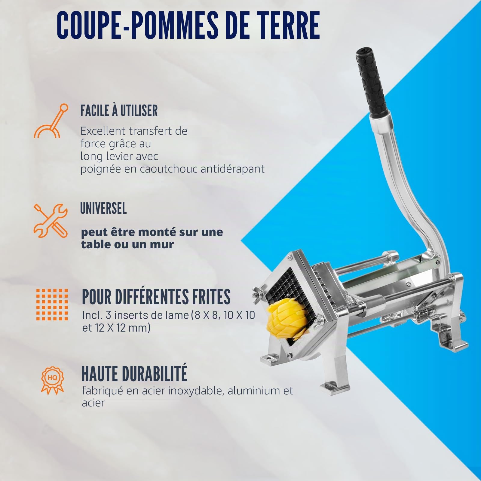 Royal Catering RCKS-3 Coupe-frites, pommes de terre, légumes (avec 3 lames 8 x 8/10 x 10/12 x 12, manuel, montage sur table et mural, acier inoxydable et aluminium, stable)
