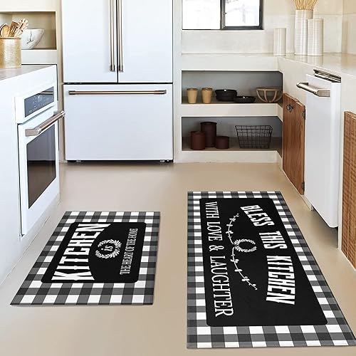 Miniatura 5 de Faptoena Juego de 2 alfombras y tapetes de cocina negros y blancos, decoración de cocina, antideslizantes, absorbentes, tapetes de cocina para