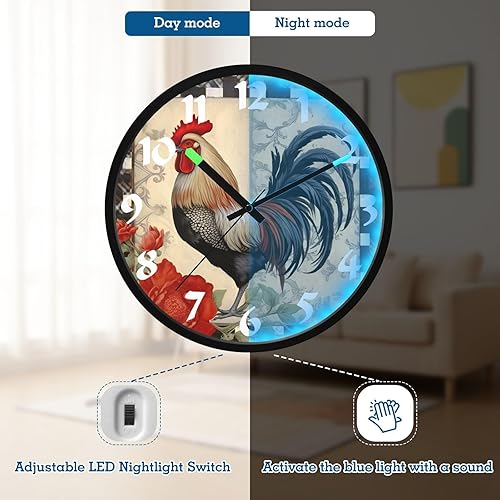 Miniatura 4 de STAYTOP Retro Red Rooster LED Wall Clock for Bedroom Night Glow,12 Inch Silent Light Up Wall Clocks for Living Room Decor, Sound Control Modern Wall