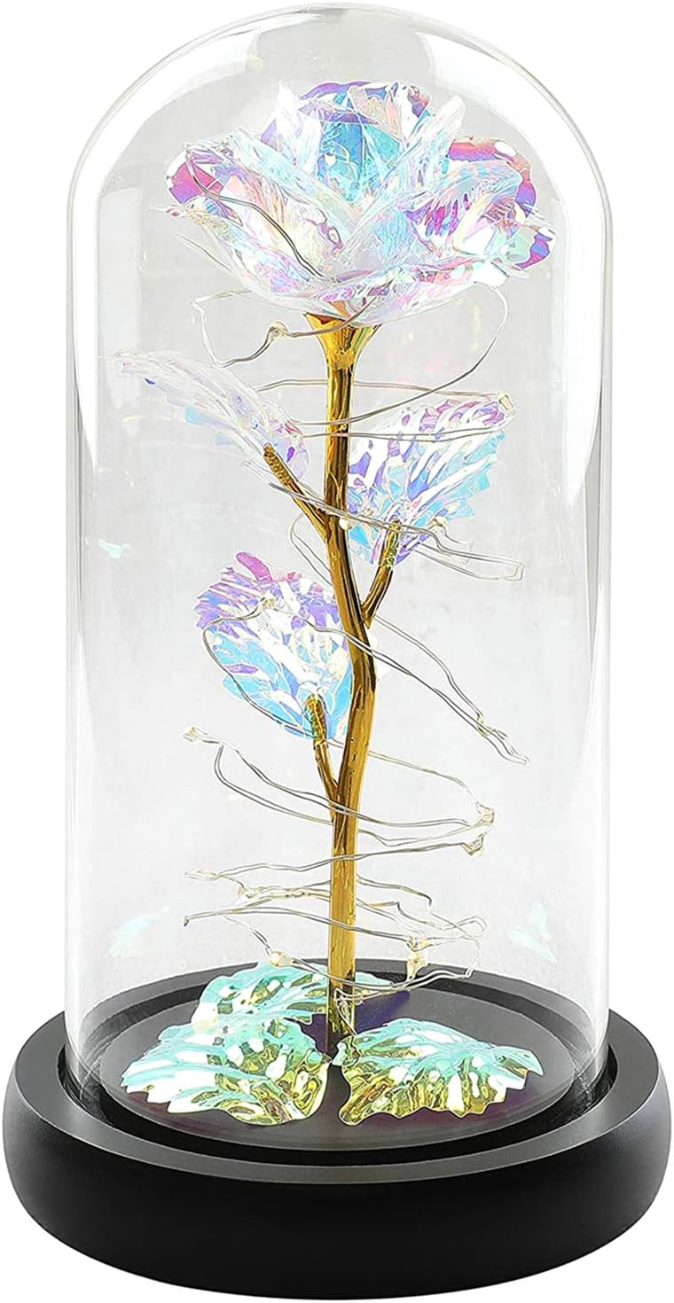 Christmas Rose Gift for her Galaxy Rose Beauty and The Beast Rose Decoration with Flashlight in Glass Dome Gift, Colorful Artificial Flower Rose Gift for Her Christmas Thanksgiving Day Birthday